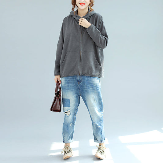 Winter neue graue Reißverschluss Baumwollmäntel mit Kapuze plus Größe beiläufige kurze