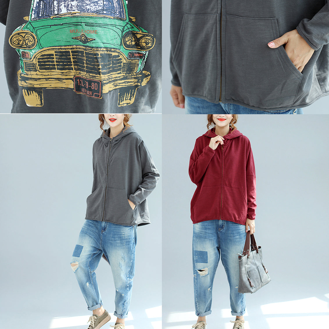 Winter neue graue Reißverschluss Baumwollmäntel mit Kapuze plus Größe beiläufige kurze