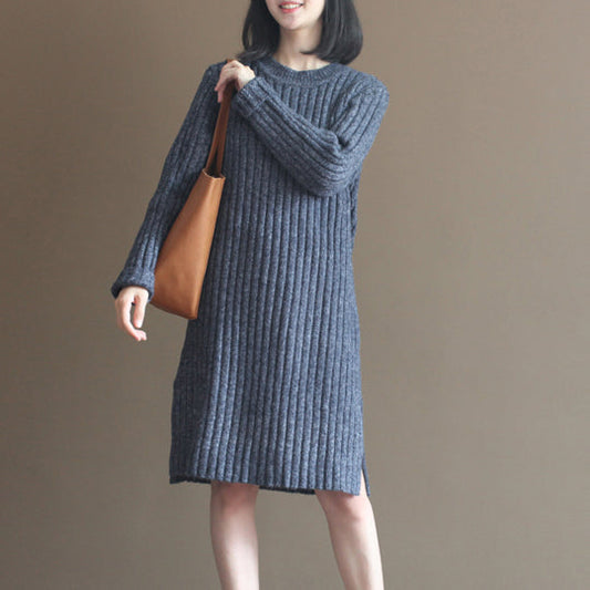 Winter dicke grau blau baumwolle stricken casual kleider gestreiften pullover kleid