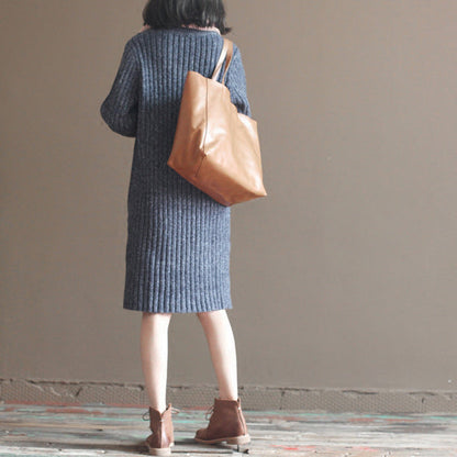 Winter dicke grau blau baumwolle stricken casual kleider gestreiften pullover kleid