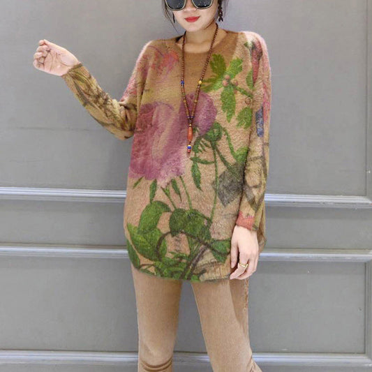 Winter dick bedruckter Baumwollpullover Pullover in Übergröße mit Rundhalsausschnitt, lässiges Strickoberteil