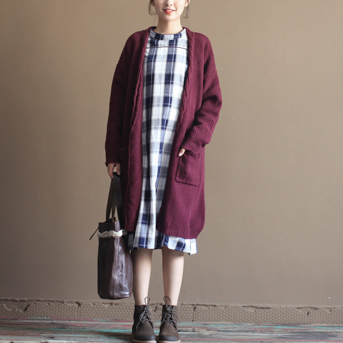 Winter Vintage Baumwoll-Mischpullover Strickjacken Burgunder Oversize Taschen Wickelstrickmantel