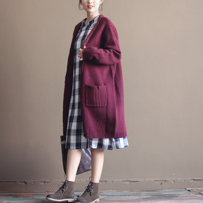 Winter Vintage Baumwoll-Mischpullover Strickjacken Burgunder Oversize Taschen Wickelstrickmantel