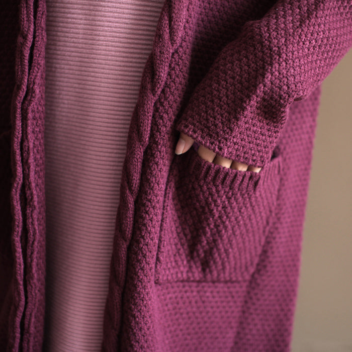 Winter Vintage Baumwoll-Mischpullover Strickjacken Burgunder Oversize Taschen Wickelstrickmantel