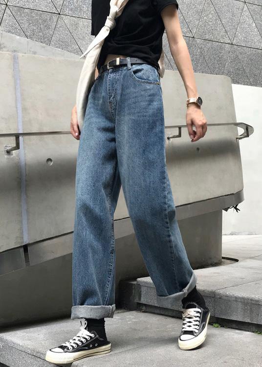 winter vintage denim blue pants high waist wide leg trousers - SooLinen