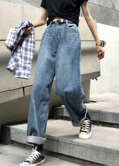 winter vintage denim blue pants high waist wide leg trousers - SooLinen