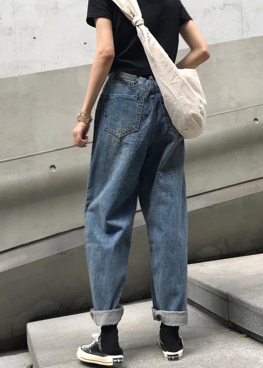 winter vintage denim blue pants high waist wide leg trousers - SooLinen