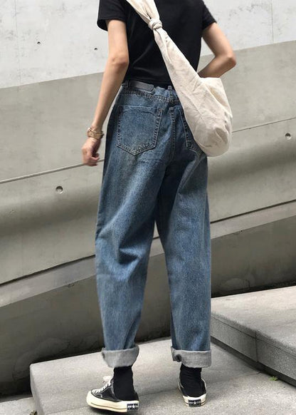 winter vintage denim blue pants high waist wide leg trousers - SooLinen
