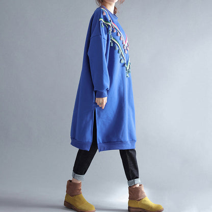 Winter warme blaue Baumwolle Mode Kleider plus Größe Quaste verziert Reisekleid