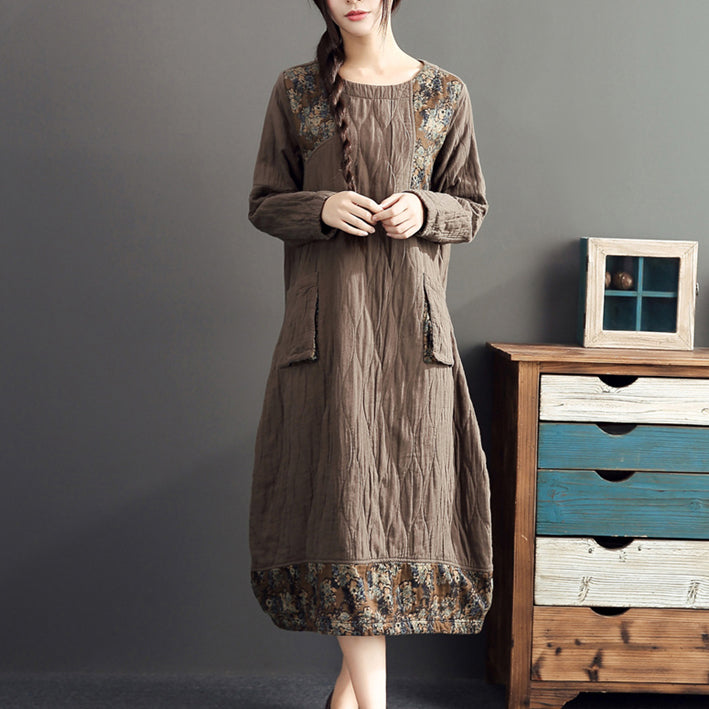 Winter warme Khaki-Drucke Patchwork-Baumwollkleider Leinen Plus Size Casual Langarm dickes Kleid