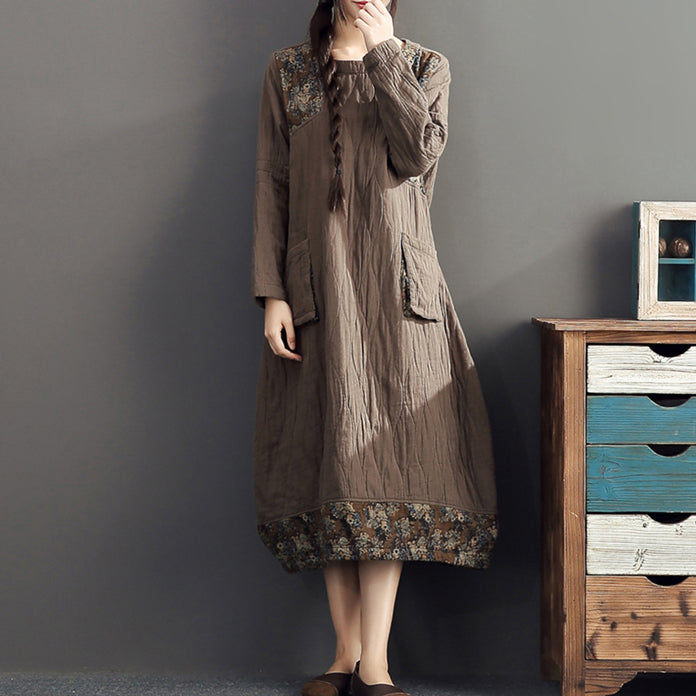 Winter warme Khaki-Drucke Patchwork-Baumwollkleider Leinen Plus Size Casual Langarm dickes Kleid