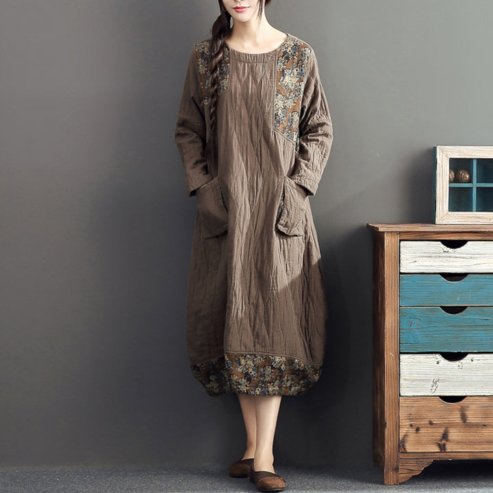 Winter warme Khaki-Drucke Patchwork-Baumwollkleider Leinen Plus Size Casual Langarm dickes Kleid