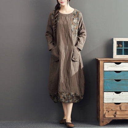 Winter warme Khaki-Drucke Patchwork-Baumwollkleider Leinen Plus Size Casual Langarm dickes Kleid
