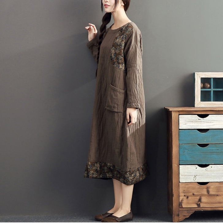 Winter warme Khaki-Drucke Patchwork-Baumwollkleider Leinen Plus Size Casual Langarm dickes Kleid