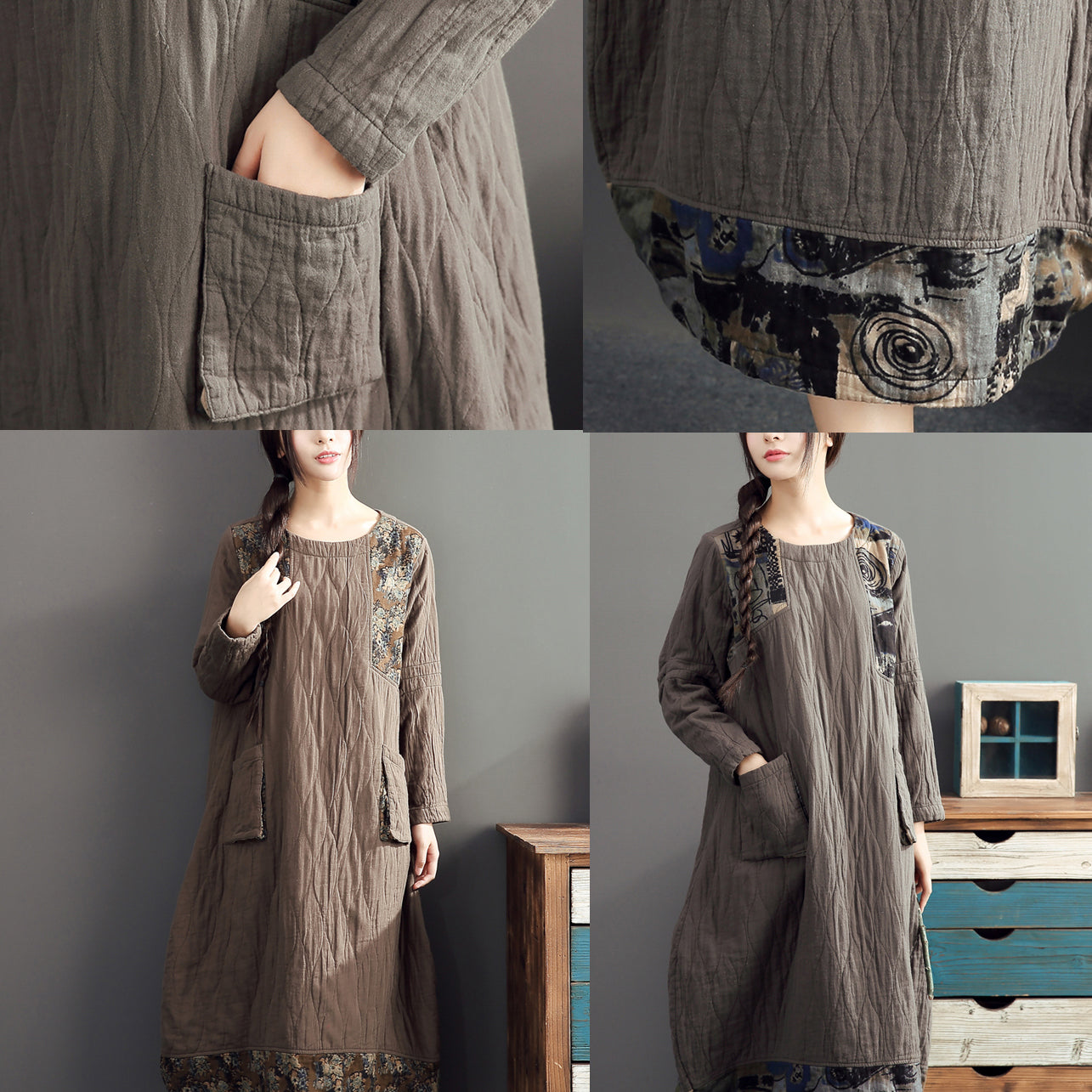 Winter warme Khaki-Drucke Patchwork-Baumwollkleider Leinen Plus Size Casual Langarm dickes Kleid
