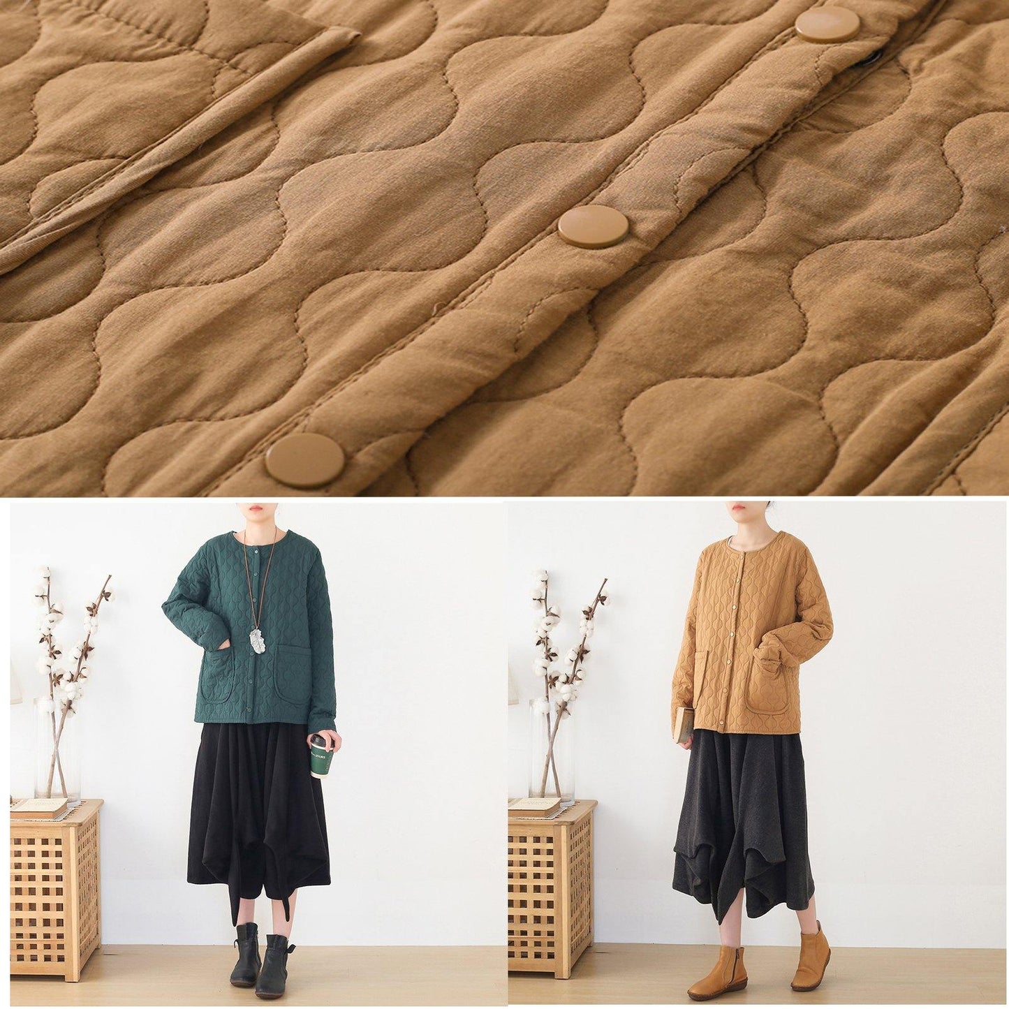 winter women blackish green warm quilted jacket cotton thick short coat - SooLinen