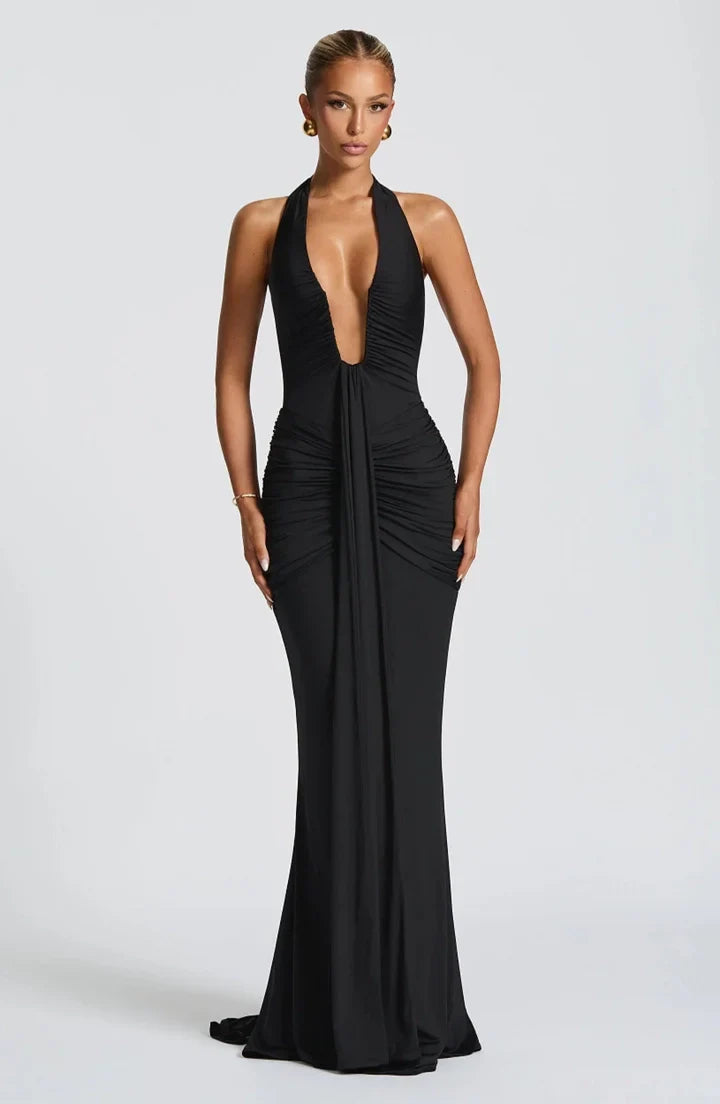 Halter V-Neck Open Back Gathered Maxi Dress