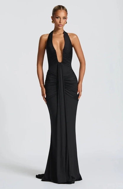Halter V-Neck Open Back Gathered Maxi Dress