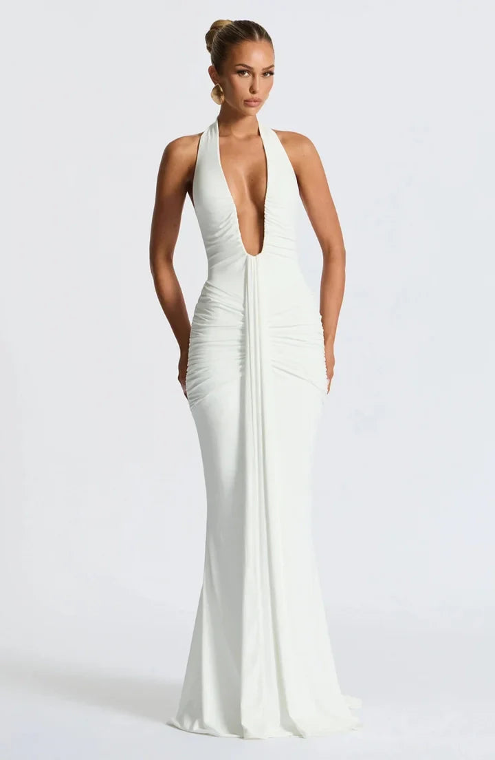 Halter V-Neck Open Back Gathered Maxi Dress