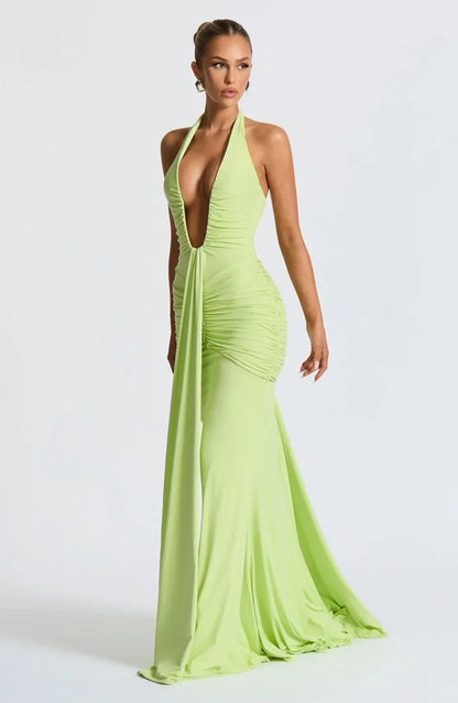 Halter V-Neck Open Back Gathered Maxi Dress