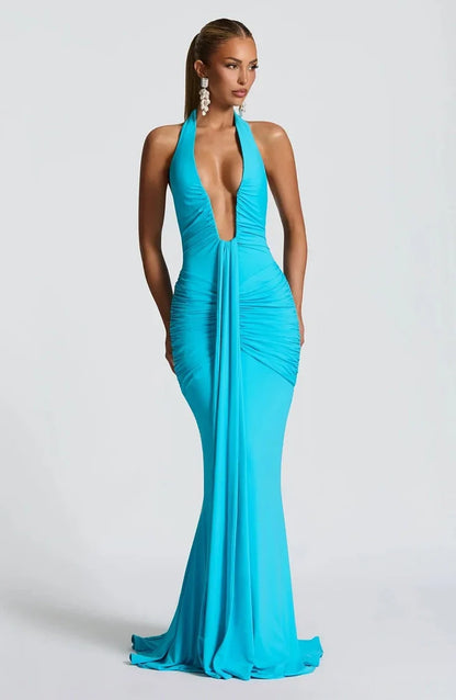 Halter V-Neck Open Back Gathered Maxi Dress