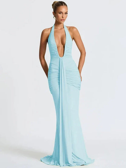 Halter V-Neck Open Back Gathered Maxi Dress