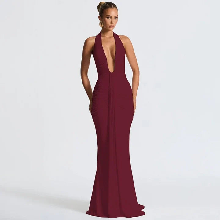 Halter V-Neck Open Back Gathered Maxi Dress