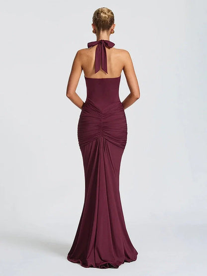 Halter V-Neck Open Back Gathered Maxi Dress