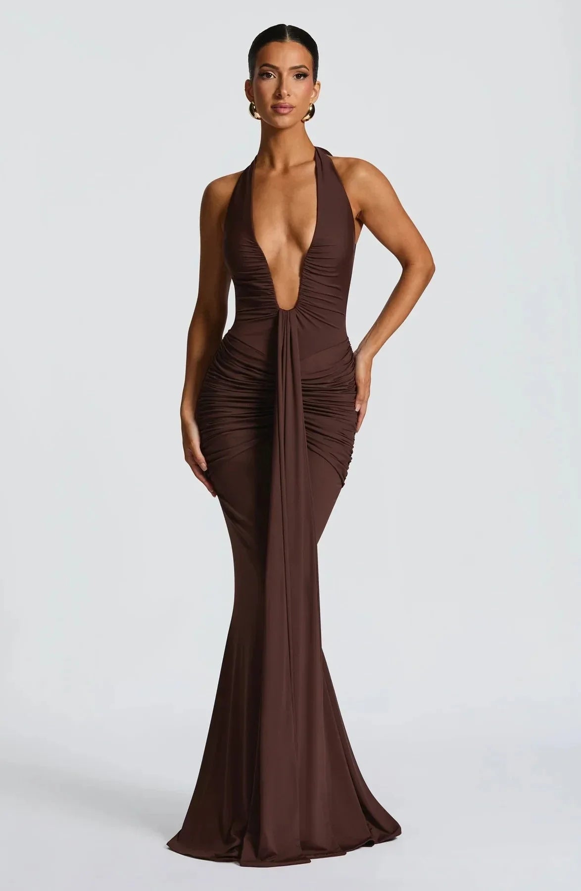 Halter V-Neck Open Back Gathered Maxi Dress