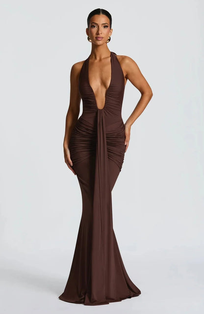 Halter V-Neck Open Back Gathered Maxi Dress