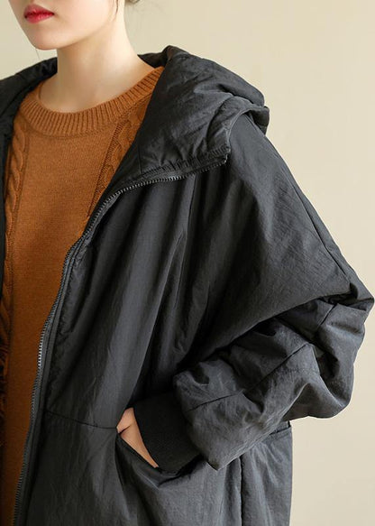 women Loose fitting down jacket big pockets winter coats black hooded winter parkas - SooLinen