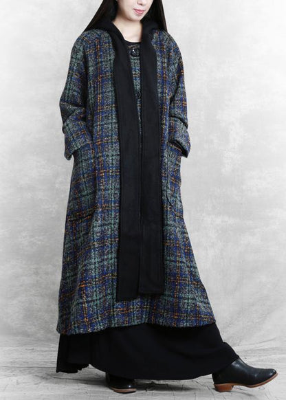 women Loose fitting long coats blue plaid hooded patchwork Woolen Coats - SooLinen
