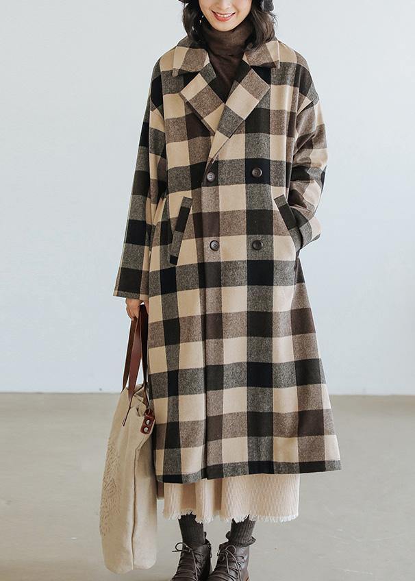 women Loose fitting medium length coat Plaid pockets Notched Woolen Coats - SooLinen