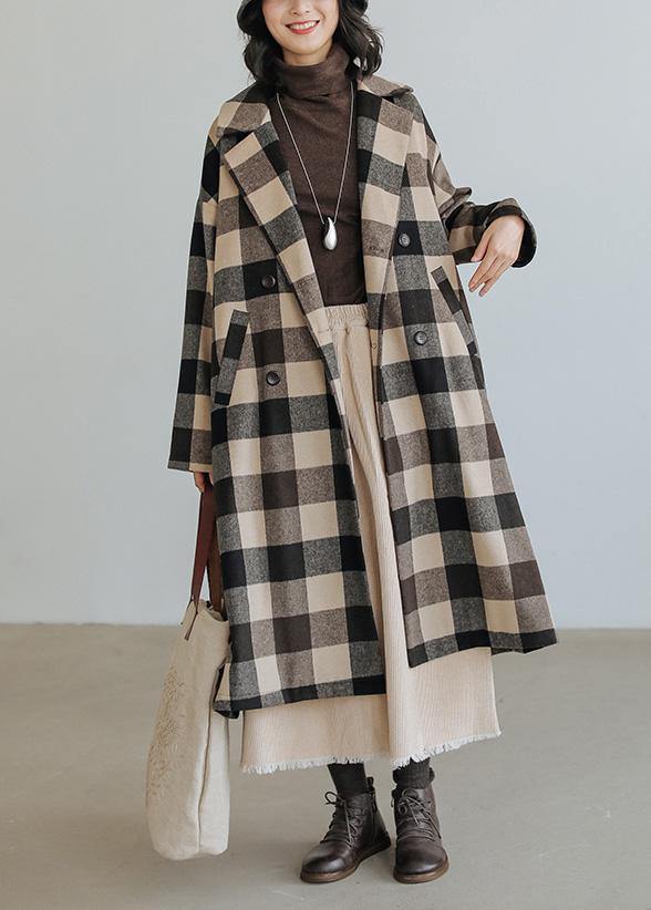 women Loose fitting medium length coat Plaid pockets Notched Woolen Coats - SooLinen