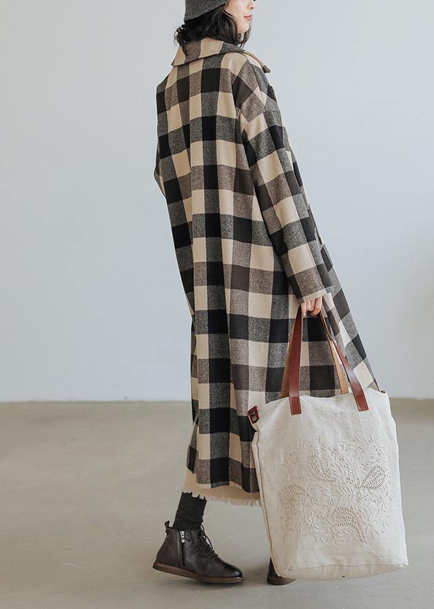 women Loose fitting medium length coat Plaid pockets Notched Woolen Coats - SooLinen