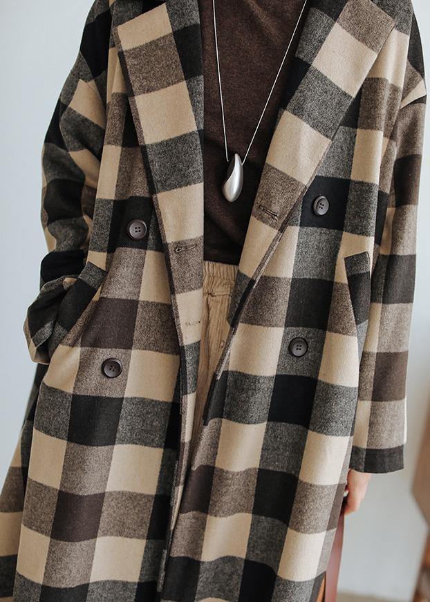 women Loose fitting medium length coat Plaid pockets Notched Woolen Coats - SooLinen
