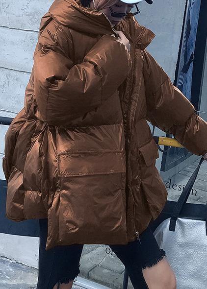women Loose fitting snow jackets Jackets chocolate hooded zippered goose Down coat - SooLinen