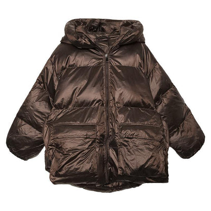 women Loose fitting snow jackets Jackets chocolate hooded zippered goose Down coat - SooLinen