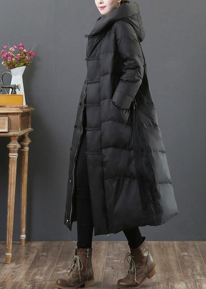 women Loose fitting snow jackets winter outwear black hooded zippered duck down coat - SooLinen