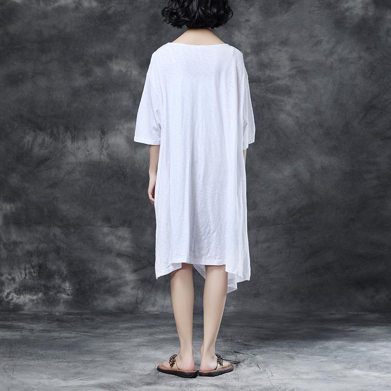 Damen Midi-Kleid aus Baumwolle, trendig, Übergröße, lockerer Rundhalsausschnitt, besticktes unregelmäßiges Baumwollkleid