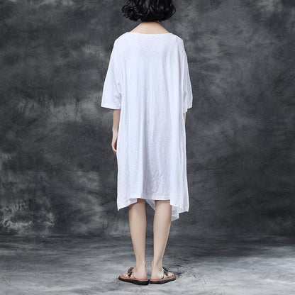 Damen Midi-Kleid aus Baumwolle, trendig, Übergröße, lockerer Rundhalsausschnitt, besticktes unregelmäßiges Baumwollkleid