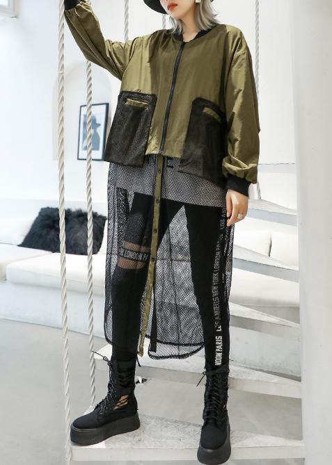 women army green Coats Loose pockets patchwork coat - SooLinen