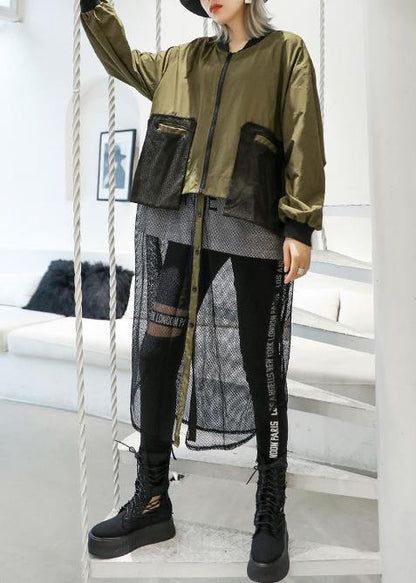 women army green Coats Loose pockets patchwork coat - SooLinen