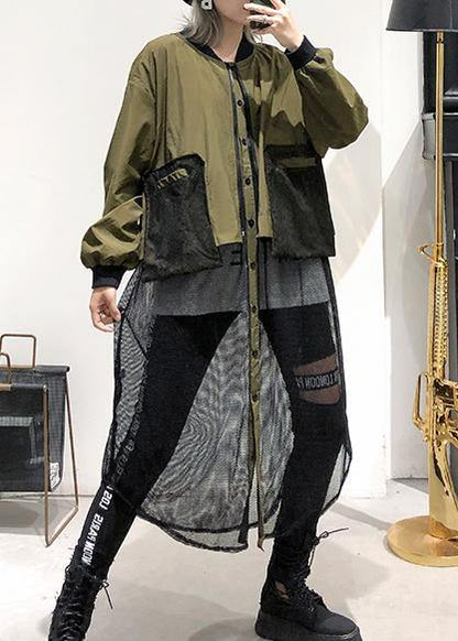 women army green Coats Loose pockets patchwork coat - SooLinen