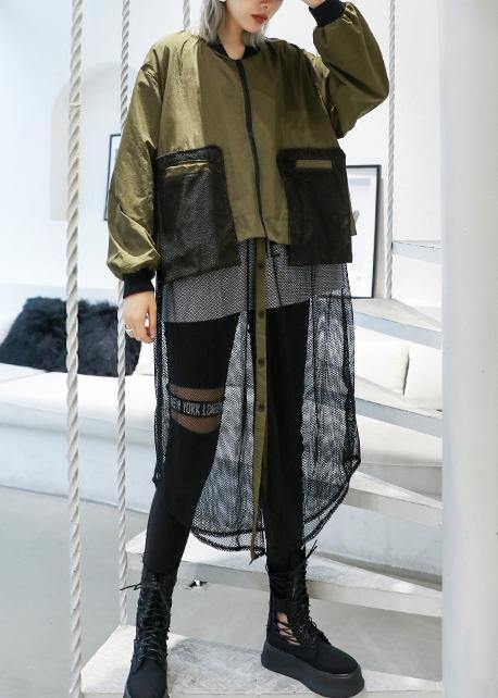 women army green Coats Loose pockets patchwork coat - SooLinen