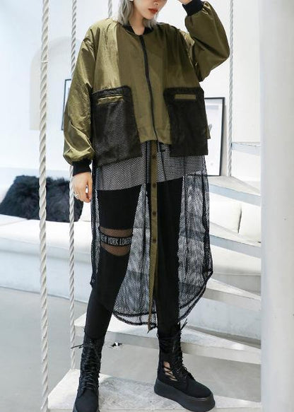 women army green Coats Loose pockets patchwork coat - SooLinen