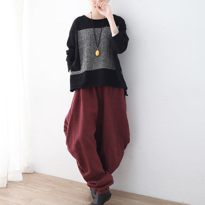 Frauen schwarz stricken pullover herbst mode patchwork pullover Neue o neck herbst bluse