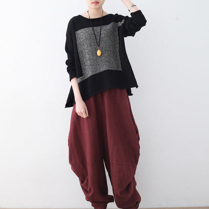 Frauen schwarz stricken pullover herbst mode patchwork pullover Neue o neck herbst bluse