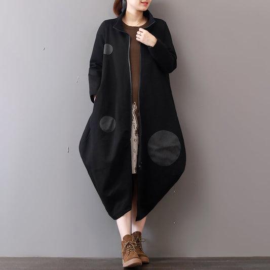 Schwarze Mäntel für Damen in Übergröße mit Reißverschluss, Wintermantel, eleganter Maximantel mit Reverskragen