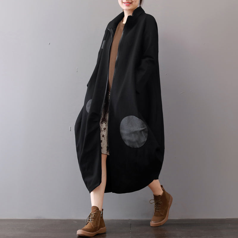 Schwarze Mäntel für Damen in Übergröße mit Reißverschluss, Wintermantel, eleganter Maximantel mit Reverskragen